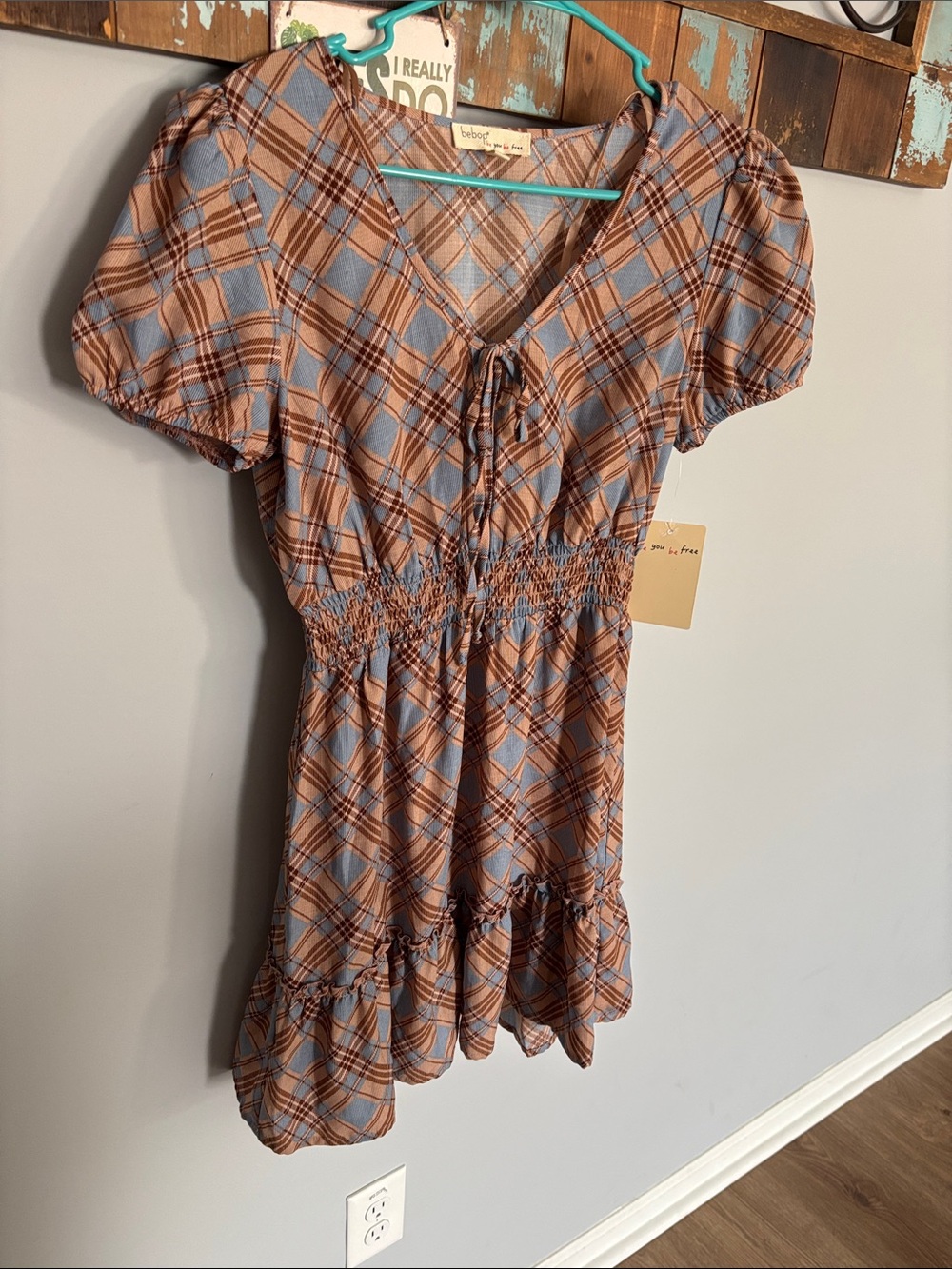BeBop Blue and Brown Plaid Short Sleeve Smocked Waist Dress